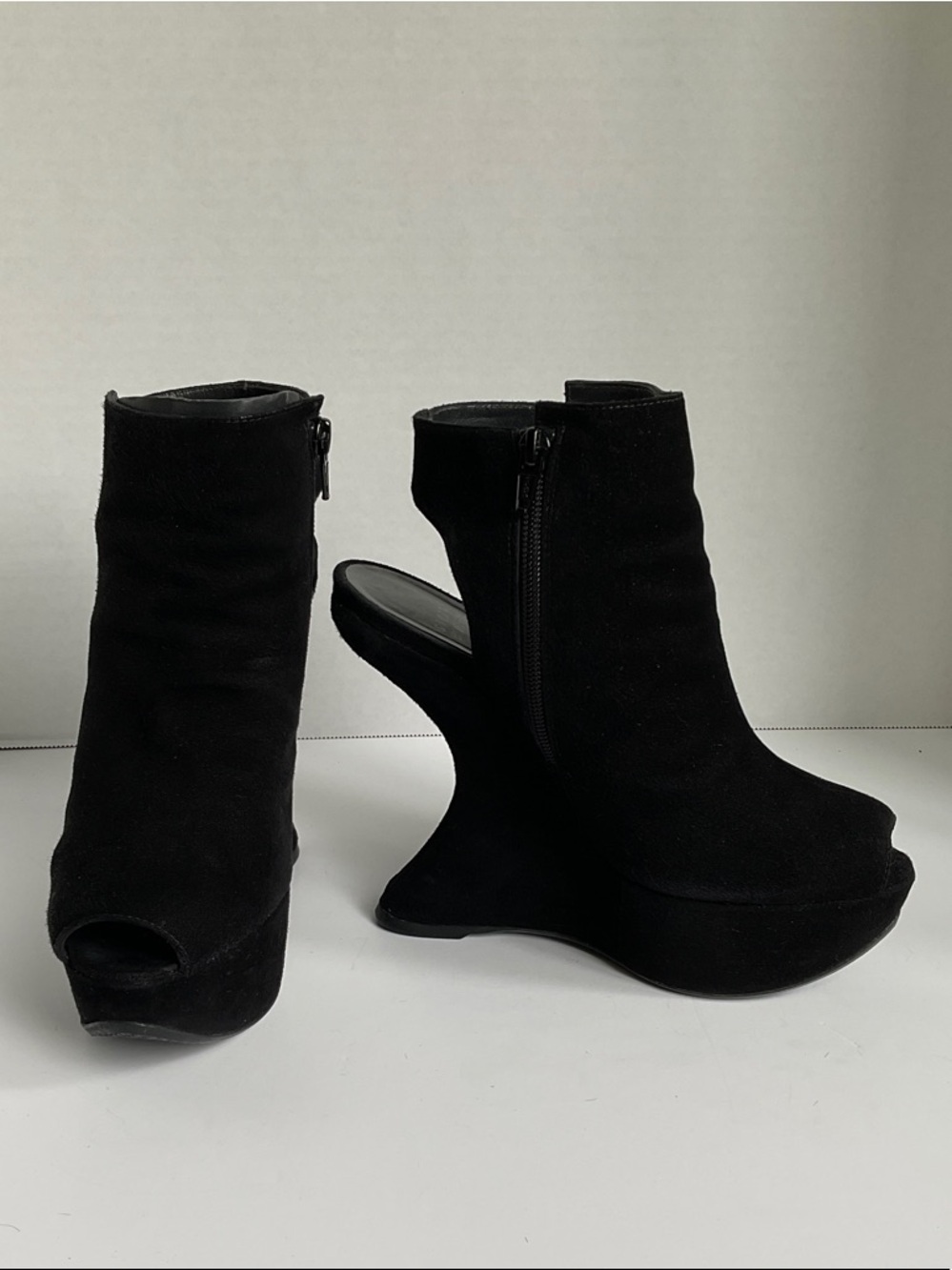 Stuart Weitzman Black Sculptural Wedge Peep-Toe Booties